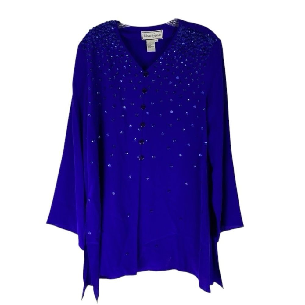 Diane Gilman Vintage Dress Women’s Blue Silk Sequins Mini Slits Button Down M